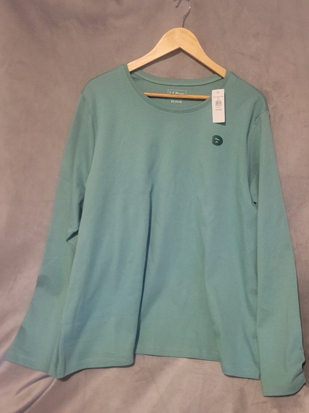 NWT L.L. Bean Green Knit Cotton Long Sleeve Crew Neck Plus 2X T-Shirt Pullover